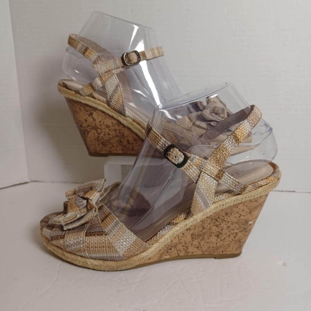 Rialto Cork Wedge Slingback Knitted Pink/Brown Plaid Bow Accent Open Toe Sz 9